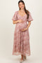 Mauve Watercolor Floral Puff Sleeve Tiered Maternity Maxi Dress