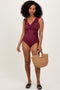 Burgundy Rib Ruffle V Neck Side Tie Knot Swimsuit
