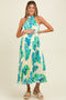 Blue Leaf Print Pleated Halter Maternity Midi Dress