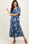 Blue Smocked Puff Sleeve Midi Dress