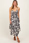 Black Tropical Floral Front Cinched Tie Midi Dress