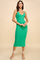 woman wearing a fitted green ribbed midi dress with spaghetti straps and a v-neckline
