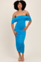 Blue Off Shoulder Draped Ruched Midi Dress