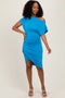 Blue One Shoulder Ruched Dress