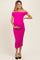 woman wearing a hot pink off-the-shoulder maternity dress with ruching and a baby bump visible