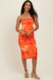 Orange Mesh Abstract Print Strapless Midi Dress