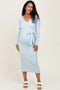 Light Blue Solid Brushed Rib Long Sleeve V-Neck Fitted Maternity Midi Dress