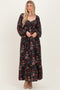 Black Floral Long Balloon Sleeve Sweetheart Neck Maxi Dress