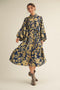 Navy Floral Button Down Bubble Sleeve Shirt Dress