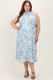Light Blue Floral Pleated Sleeveless Maternity Plus Midi Dress