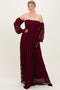 Burgundy Lace Smocked Long Sleeve Off Shoulder Maxi Dress