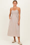 Mocha Striped Smocked Shoulder Tie Midi Dress