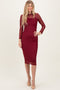 Burgundy Printed Mesh Long Sleeve Midi Dress