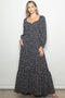 Black Floral Button Accent Long Sleeve Maxi Dress