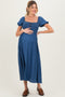 Navy Chambray Smocked Front Tie Maternity Midi Dress