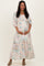 woman wearing a floral maternity maxi dress with balloon sleeves and holding her baby bump