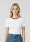woman wearing a white short sleeve ribbed t-shirt with a red and navy striped neckline