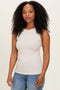 Sand Beige Ribbed High Neck Tank Top