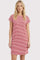 woman wearing a red and white striped t-shirt dress with short sleeves