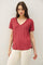 Wine Linen Blend V-Neck Short Sleeve T-Shirt