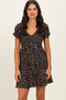 Black Floral Smocked V-Neck Puff Sleeve Dress