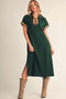 Hunter Green Color Rib Band Trim Side Slit Midi Dress