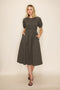 Olive Pleated Smocked Midi Dress