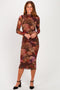 Brown Floral Print Mesh Midi Dress