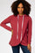woman wearing a maroon long sleeve hooded sweatshirt with a diagonal hem and white drawstrings