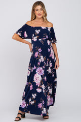 Navy Blue Floral Off Shoulder Maternity Maxi Dress