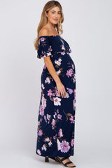 Navy Blue Floral Off Shoulder Maternity Maxi Dress