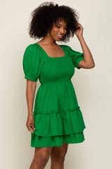 Green Puff Sleeve Ruffle Accent Dress