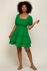 Green Puff Sleeve Ruffle Accent Dress