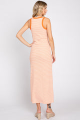 Orange Striped Ribbed Sleeveless Maxi Dress