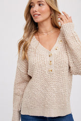 Beige Chunky Knit Button V-Neck Sweater