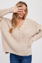 Beige Chunky Knit Button V-Neck Sweater