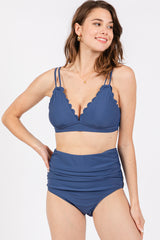 Blue Scalloped V-Neck High Waist Two-Piece Swimsuit