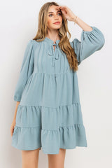 Blue Pleated Front Tie Tiered Dress