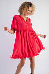 Red Button Front Frayed Dress