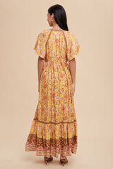 Yellow Floral Flounce Sleeve Maxi Dress
