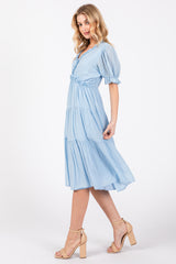 Light Blue Ruffle Trim Tiered Dress