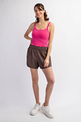 Brown Elastic Waist Side Pocket Active Shorts