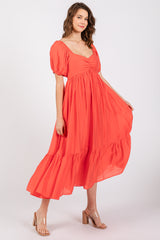 Red Front Ruched Smocked Puff Sleeve Dress