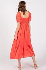 Red Front Ruched Smocked Puff Sleeve Dress