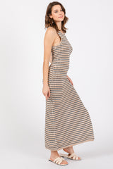 Beige Striped Knit Fitted Sleeveless Maxi Dress