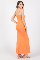 Orange Ribbed Fitted Maxi Dress