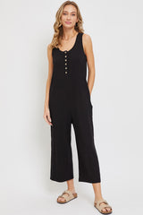 Black Ribbed Button Front Sleeveless Jumpsuit