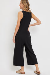 Black Ribbed Button Front Sleeveless Jumpsuit