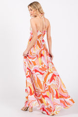 Pink Abstract Print Halter Maxi Dress