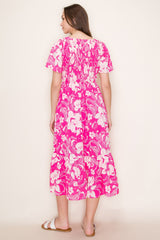 Pink Floral Print Smocked Midi Dress